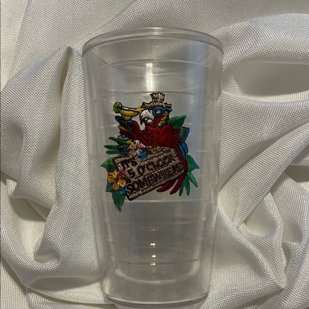 Clear Tumbler with Its 5 OCLOCK SOMEWHERE Parrot Design
